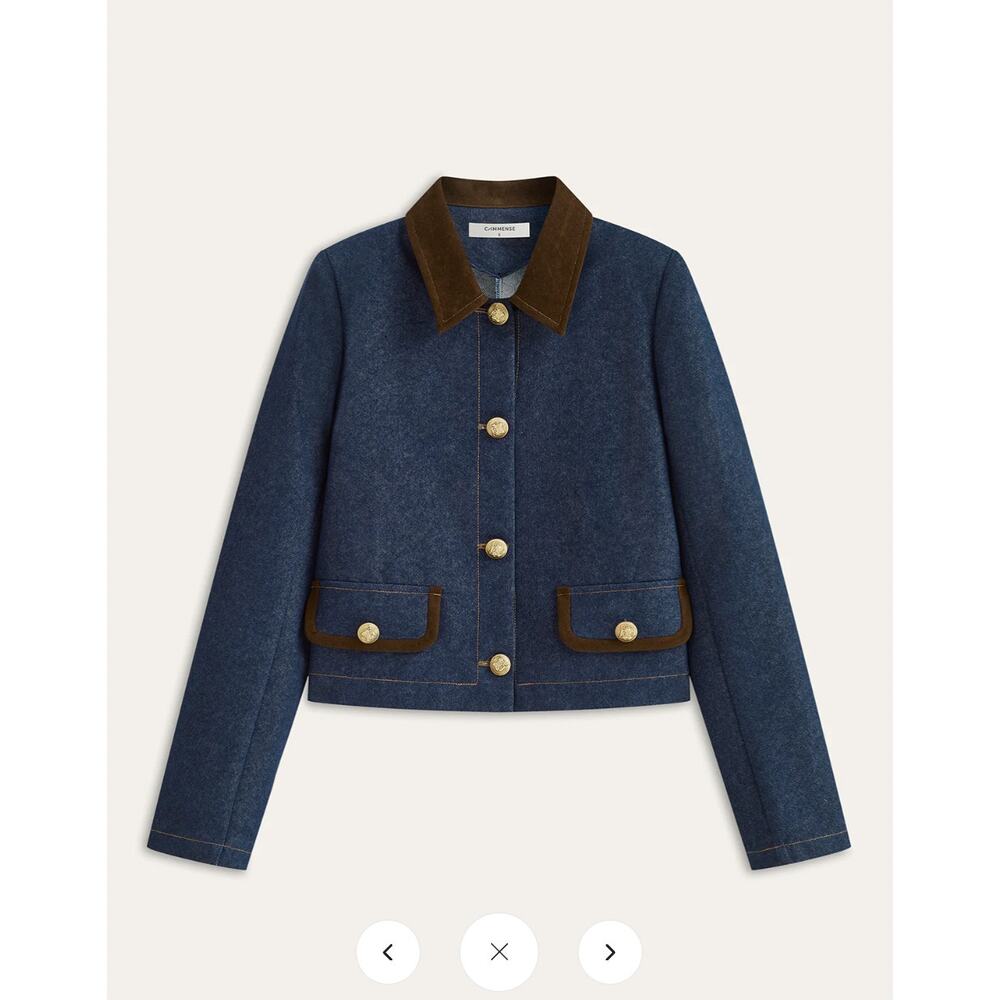 Commense Metal Button Suede Collar Denim Jacket Sz L